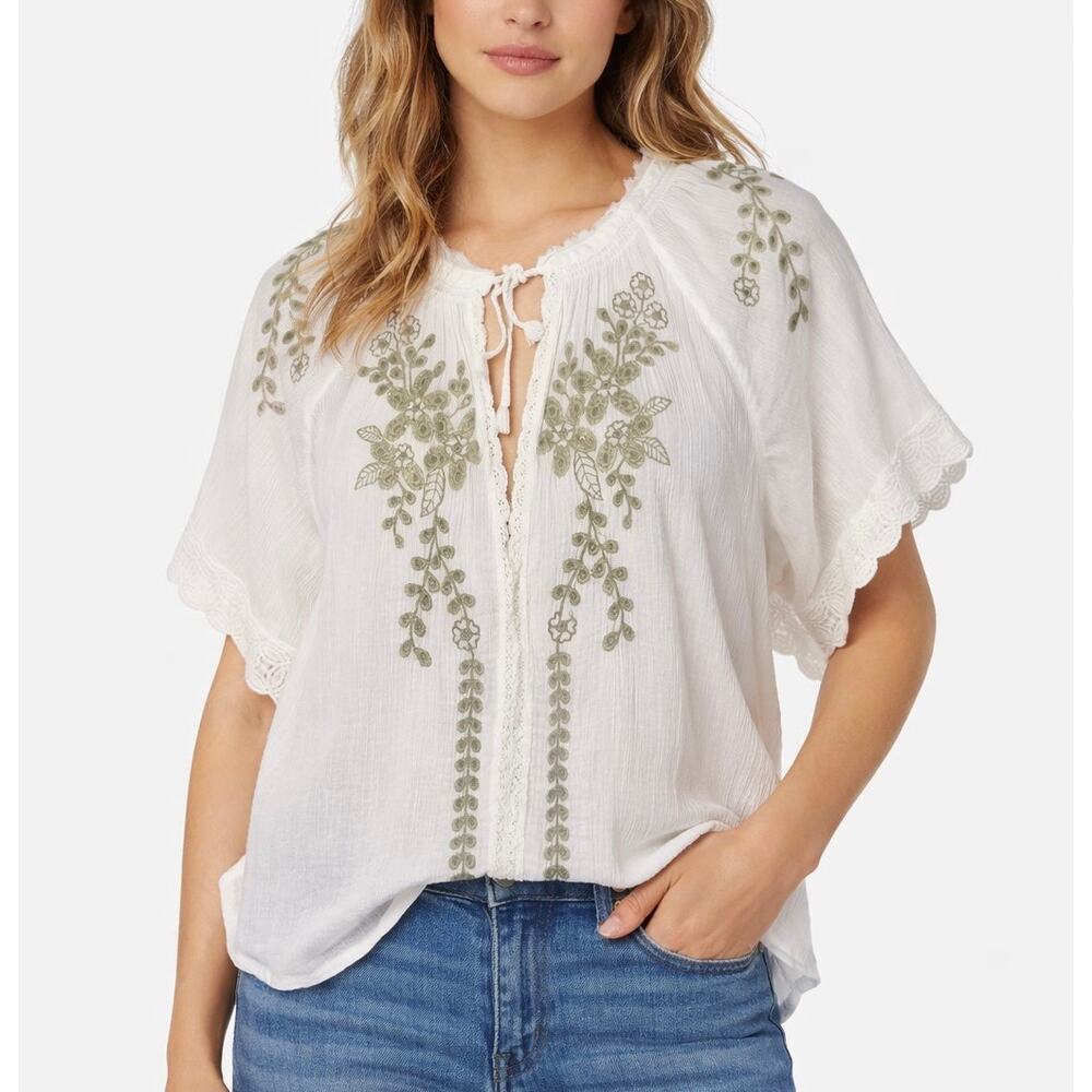 Free People Dahlia Embroidered Peasant Blouse Ivory Boho Lace Trim Size L